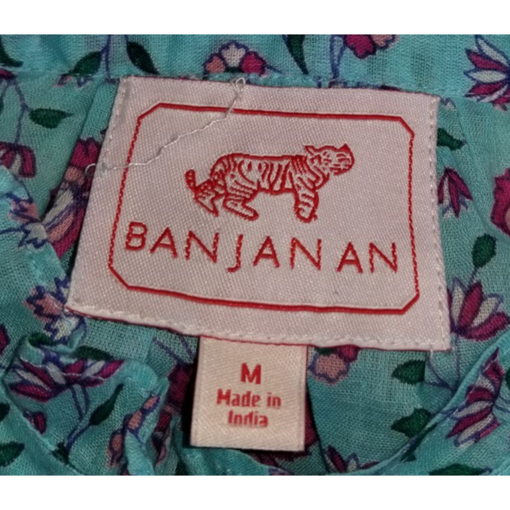 Womens Top-BANJANAN-blue/pink floral button-up ruffled Cottagecore Coastal-M - Picture 4 of 4